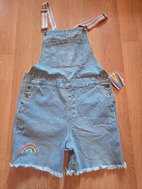 Target Denim Short Overalls with Rainbow Patch and Striped Straps. Size Medium.